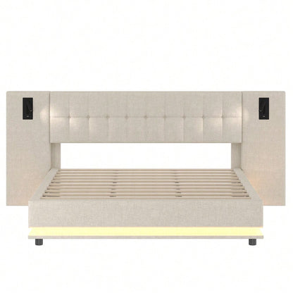 Polsterbett, 180*200cm, mit LED-Leiste, Kopfteil mit Spot, mit USB, ohne Matratze, Leinen, beige