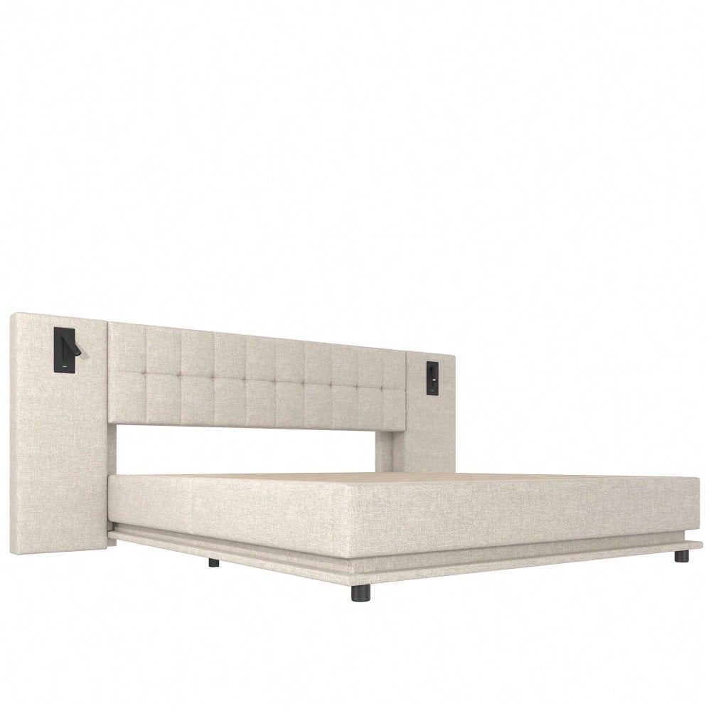 Polsterbett, 180*200cm, mit LED-Leiste, Kopfteil mit Spot, mit USB, ohne Matratze, Leinen, beige