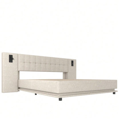 Polsterbett, 180*200cm, mit LED-Leiste, Kopfteil mit Spot, mit USB, ohne Matratze, Leinen, beige