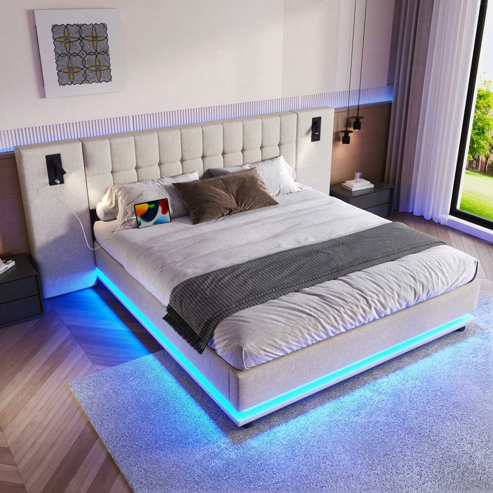 Polsterbett, 180*200cm, mit LED-Leiste, Kopfteil mit Spot, mit USB, ohne Matratze, Leinen, beige