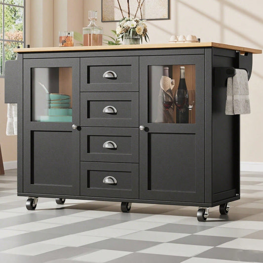 Kücheninsel,Küchenschrank,Buffetschrank,120x73(45)x93cm,ausziehbarer Küchenwagen mit Rollen, Handtuchhalter, Gewürzregal, verstellbaren Einlegeböden, zwei Türen, vier Schubladen, weiß/schwarz