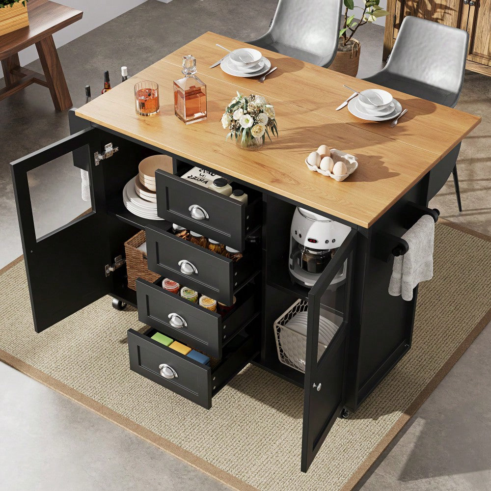 Kücheninsel,Küchenschrank,Buffetschrank,120x73(45)x93cm,ausziehbarer Küchenwagen mit Rollen, Handtuchhalter, Gewürzregal, verstellbaren Einlegeböden, zwei Türen, vier Schubladen, weiß/schwarz