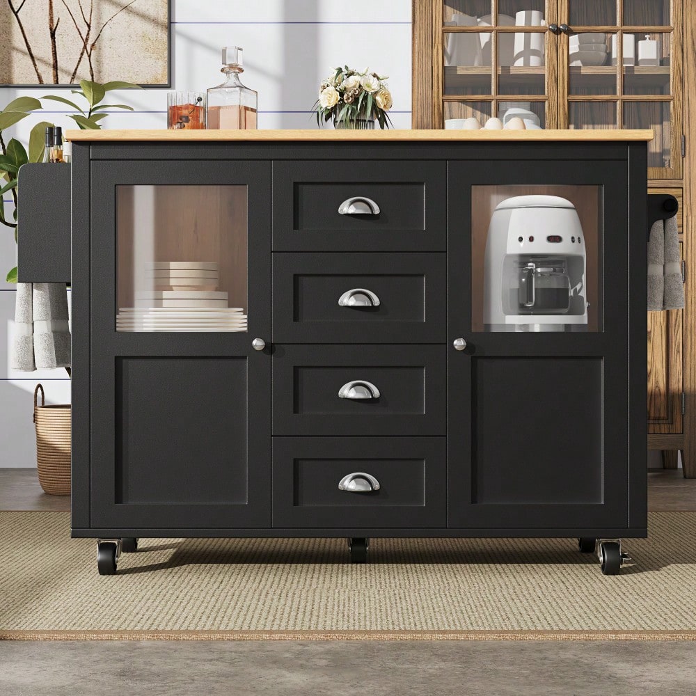 Kücheninsel,Küchenschrank,Buffetschrank,120x73(45)x93cm,ausziehbarer Küchenwagen mit Rollen, Handtuchhalter, Gewürzregal, verstellbaren Einlegeböden, zwei Türen, vier Schubladen, weiß/schwarz