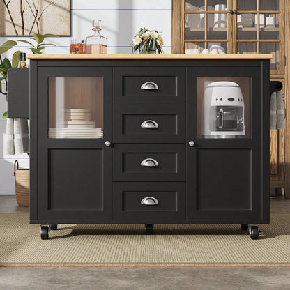 Kücheninsel,Küchenschrank,Buffetschrank,120x73(45)x93cm,ausziehbarer Küchenwagen mit Rollen, Handtuchhalter, Gewürzregal, verstellbaren Einlegeböden, zwei Türen, vier Schubladen, weiß/schwarz