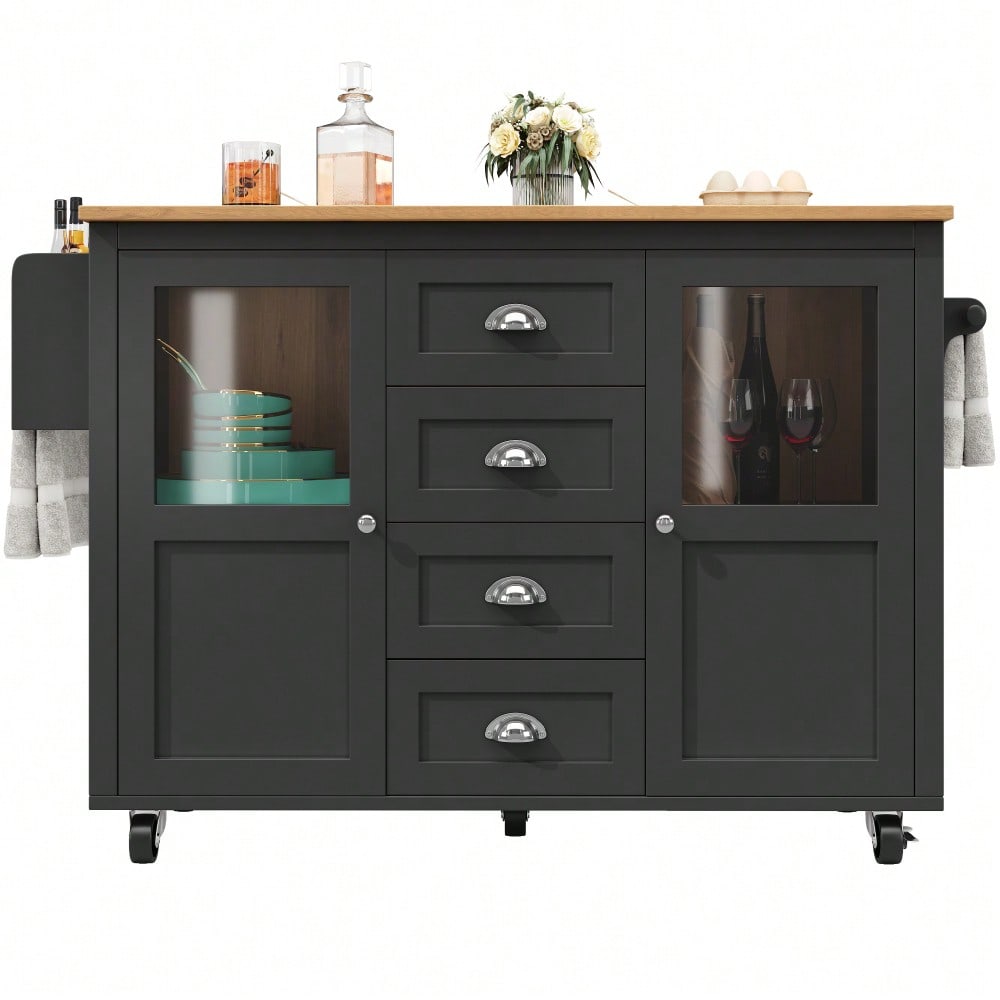 Kücheninsel,Küchenschrank,Buffetschrank,120x73(45)x93cm,ausziehbarer Küchenwagen mit Rollen, Handtuchhalter, Gewürzregal, verstellbaren Einlegeböden, zwei Türen, vier Schubladen, weiß/schwarz