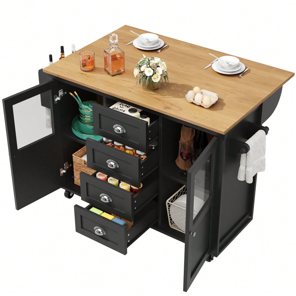 Kücheninsel,Küchenschrank,Buffetschrank,120x73(45)x93cm,ausziehbarer Küchenwagen mit Rollen, Handtuchhalter, Gewürzregal, verstellbaren Einlegeböden, zwei Türen, vier Schubladen, weiß/schwarz