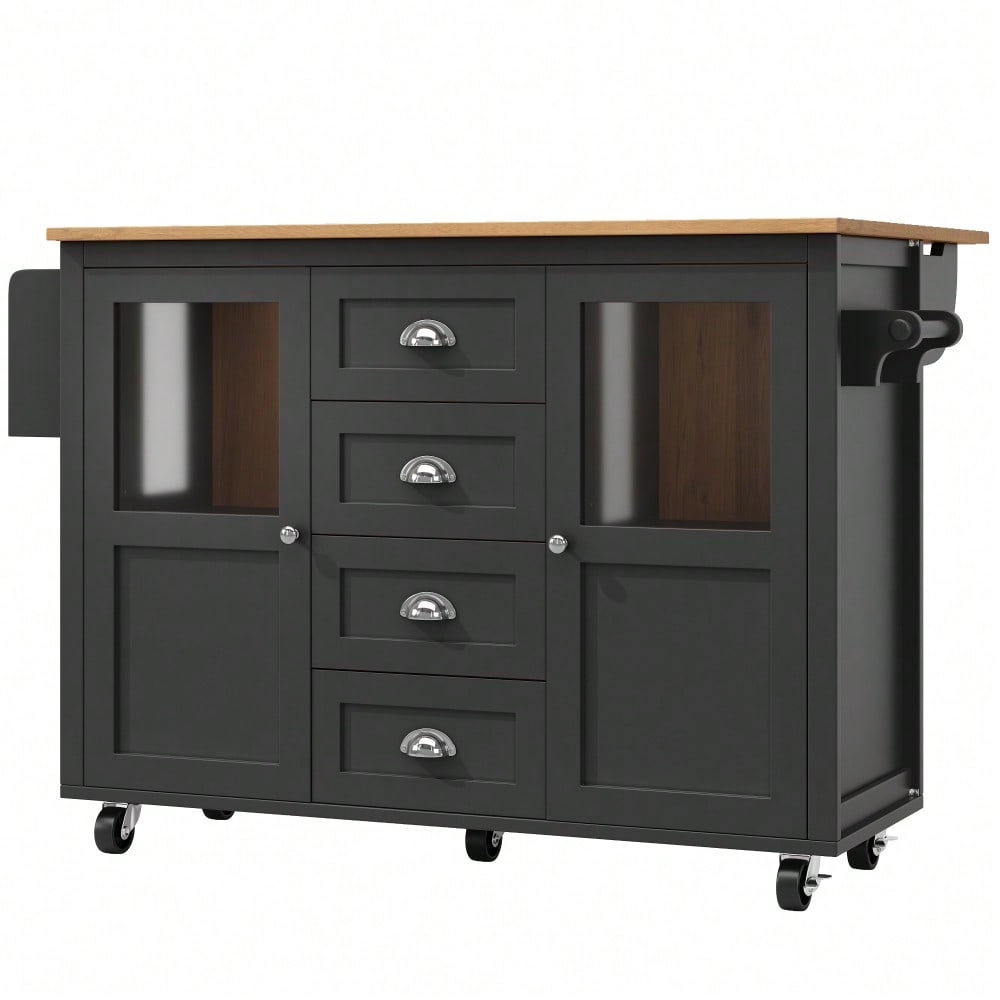 Kücheninsel,Küchenschrank,Buffetschrank,120x73(45)x93cm,ausziehbarer Küchenwagen mit Rollen, Handtuchhalter, Gewürzregal, verstellbaren Einlegeböden, zwei Türen, vier Schubladen, weiß/schwarz