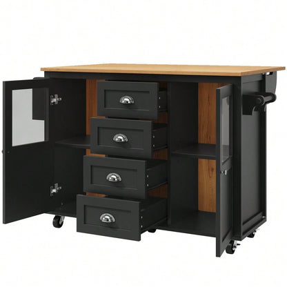 Kücheninsel,Küchenschrank,Buffetschrank,120x73(45)x93cm,ausziehbarer Küchenwagen mit Rollen, Handtuchhalter, Gewürzregal, verstellbaren Einlegeböden, zwei Türen, vier Schubladen, weiß/schwarz