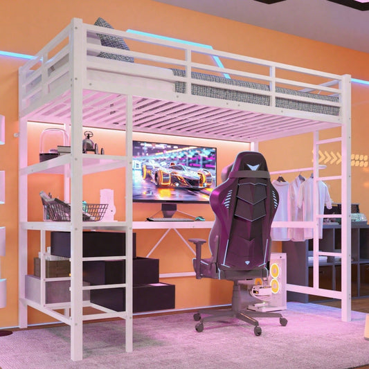 Hochbett, 90*200cm , Mit LED-Leuchten, Schreibtisch, Steckdose + USB, 3 Schubladen, Regale, Geländer, Treppe, ohne Matratze, Weiß
