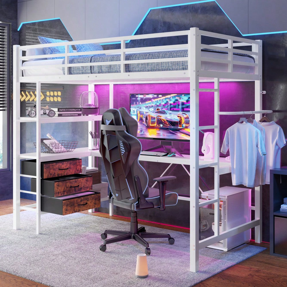 Hochbett, 90*200cm , Mit LED-Leuchten, Schreibtisch, Steckdose + USB, 3 Schubladen, Regale, Geländer, Treppe, ohne Matratze, Weiß
