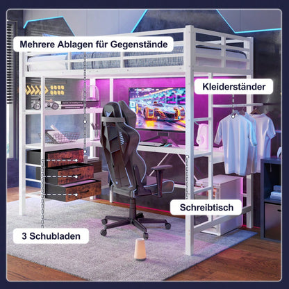 Hochbett, 90*200cm , Mit LED-Leuchten, Schreibtisch, Steckdose + USB, 3 Schubladen, Regale, Geländer, Treppe, ohne Matratze, Weiß