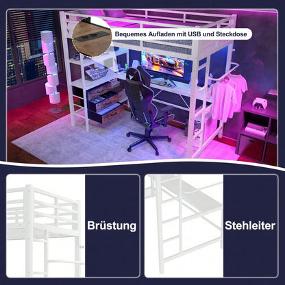 Hochbett, 90*200cm , Mit LED-Leuchten, Schreibtisch, Steckdose + USB, 3 Schubladen, Regale, Geländer, Treppe, ohne Matratze, Weiß