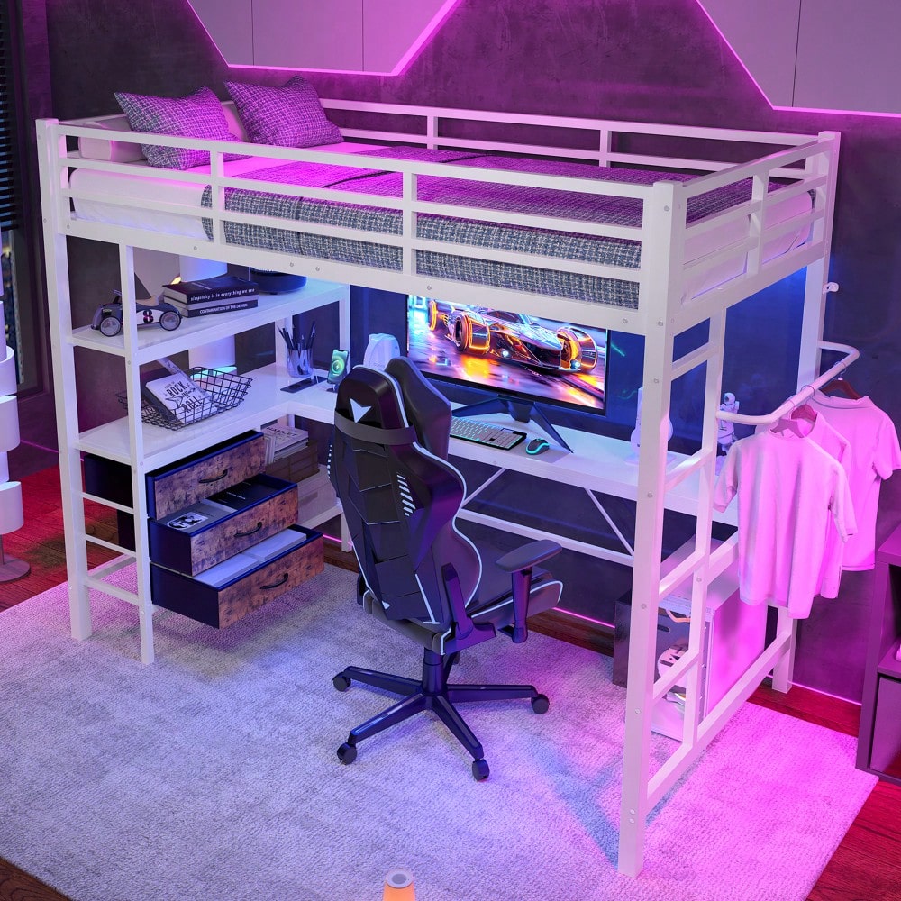 Hochbett, 90*200cm , Mit LED-Leuchten, Schreibtisch, Steckdose + USB, 3 Schubladen, Regale, Geländer, Treppe, ohne Matratze, Weiß