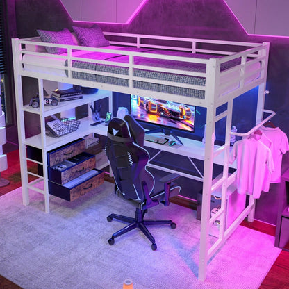 Hochbett, 90*200cm , Mit LED-Leuchten, Schreibtisch, Steckdose + USB, 3 Schubladen, Regale, Geländer, Treppe, ohne Matratze, Weiß
