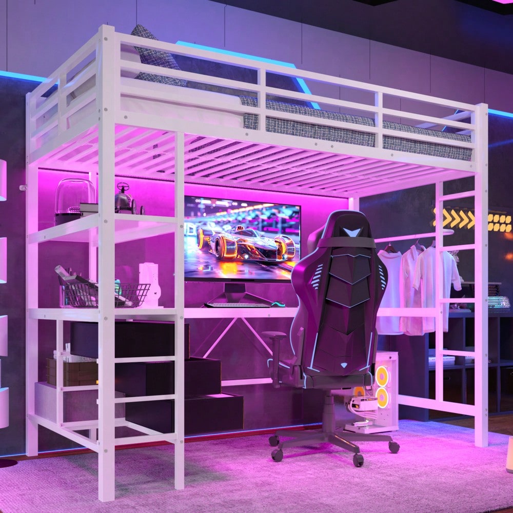 Hochbett, 90*200cm , Mit LED-Leuchten, Schreibtisch, Steckdose + USB, 3 Schubladen, Regale, Geländer, Treppe, ohne Matratze, Weiß
