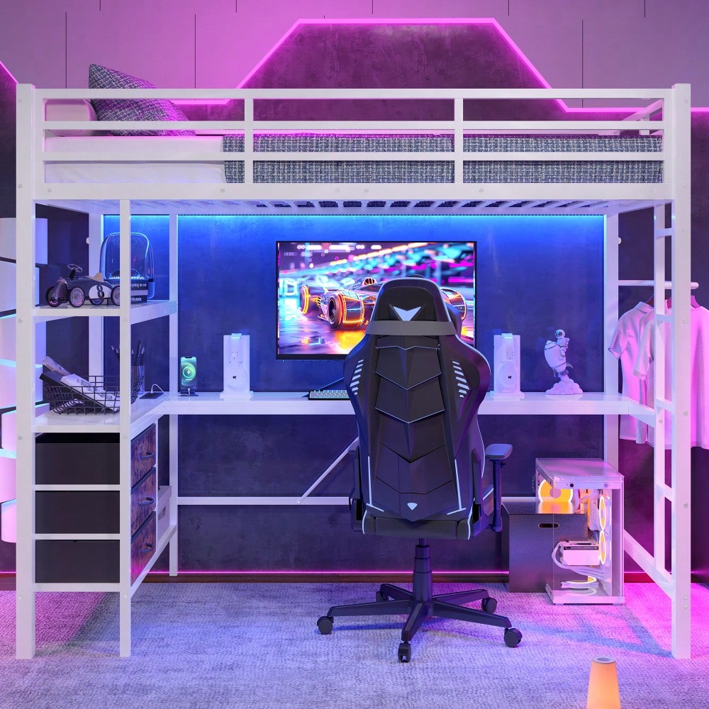 Hochbett, 90*200cm , Mit LED-Leuchten, Schreibtisch, Steckdose + USB, 3 Schubladen, Regale, Geländer, Treppe, ohne Matratze, Weiß