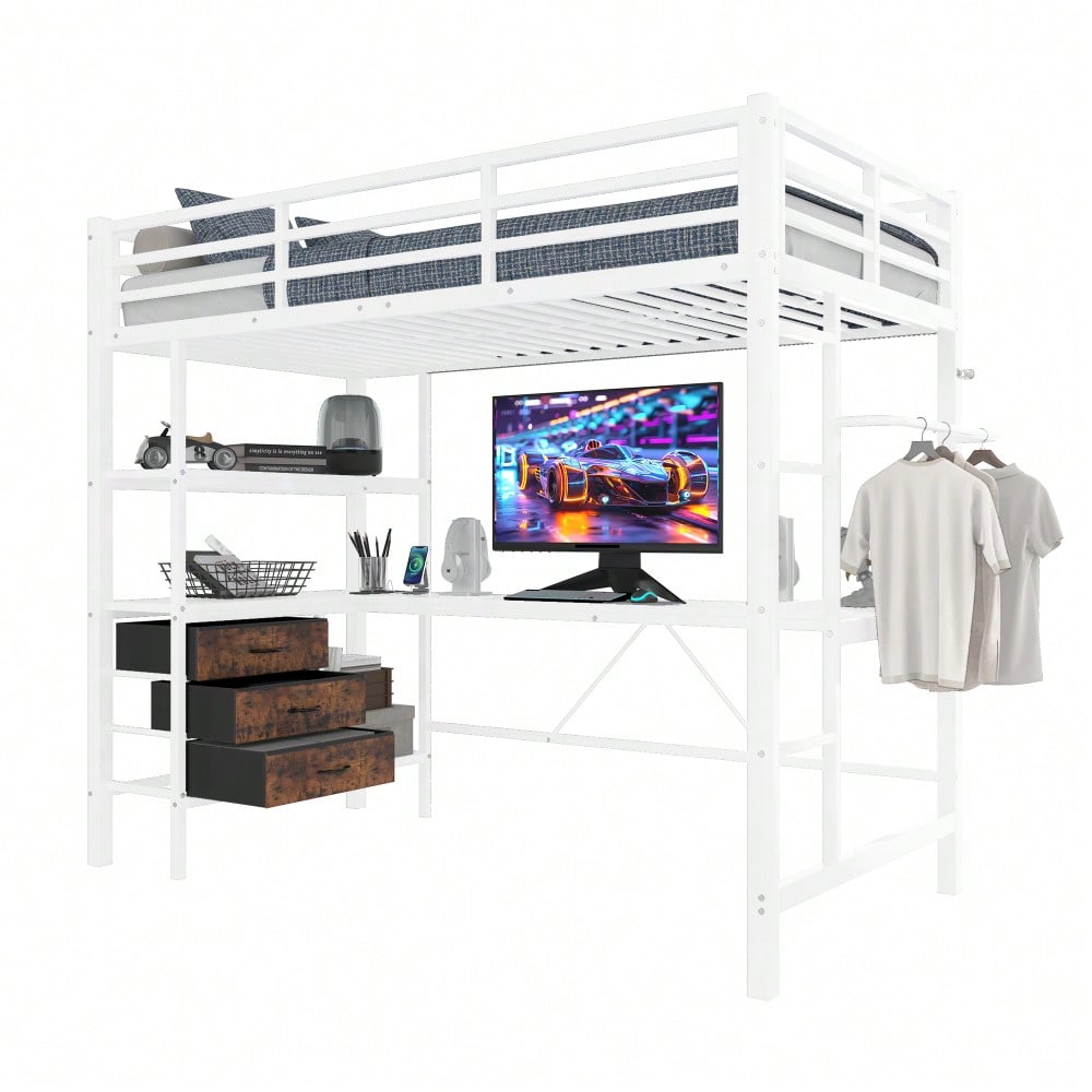 Hochbett, 90*200cm , Mit LED-Leuchten, Schreibtisch, Steckdose + USB, 3 Schubladen, Regale, Geländer, Treppe, ohne Matratze, Weiß