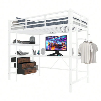 Hochbett, 90*200cm , Mit LED-Leuchten, Schreibtisch, Steckdose + USB, 3 Schubladen, Regale, Geländer, Treppe, ohne Matratze, Weiß