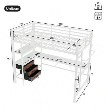 Hochbett, 90*200cm , Mit LED-Leuchten, Schreibtisch, Steckdose + USB, 3 Schubladen, Regale, Geländer, Treppe, ohne Matratze, Weiß