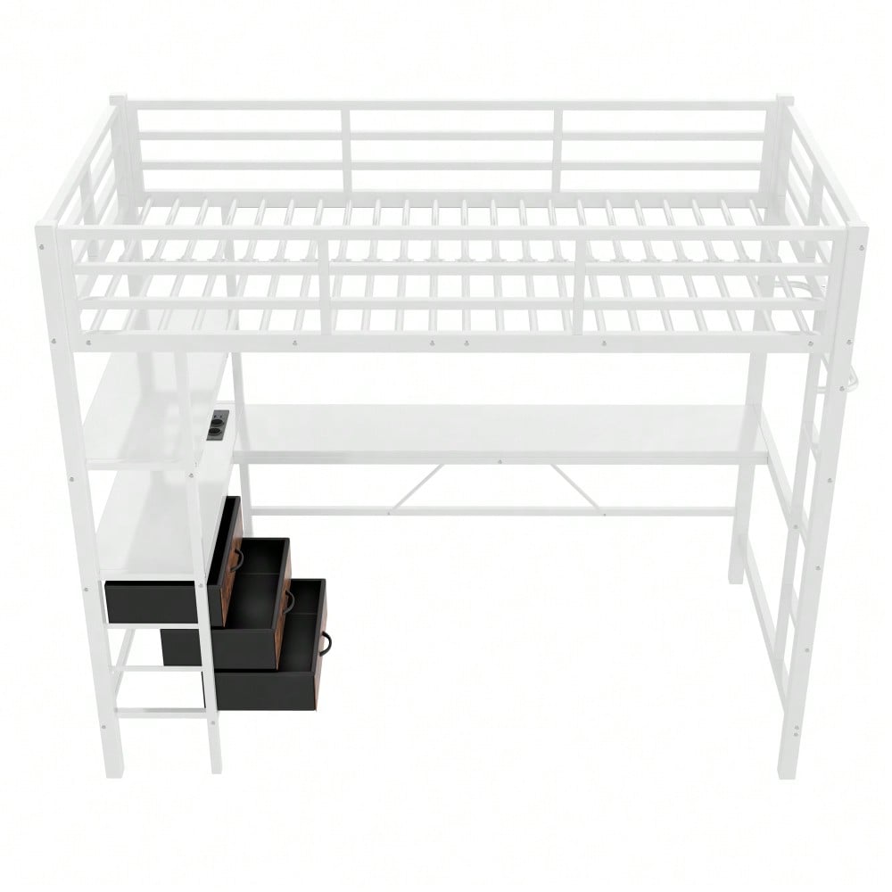 Hochbett, 90*200cm , Mit LED-Leuchten, Schreibtisch, Steckdose + USB, 3 Schubladen, Regale, Geländer, Treppe, ohne Matratze, Weiß