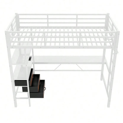 Hochbett, 90*200cm , Mit LED-Leuchten, Schreibtisch, Steckdose + USB, 3 Schubladen, Regale, Geländer, Treppe, ohne Matratze, Weiß