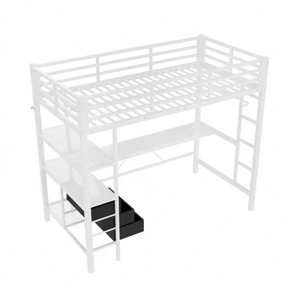 Hochbett, 90*200cm , Mit LED-Leuchten, Schreibtisch, Steckdose + USB, 3 Schubladen, Regale, Geländer, Treppe, ohne Matratze, Weiß