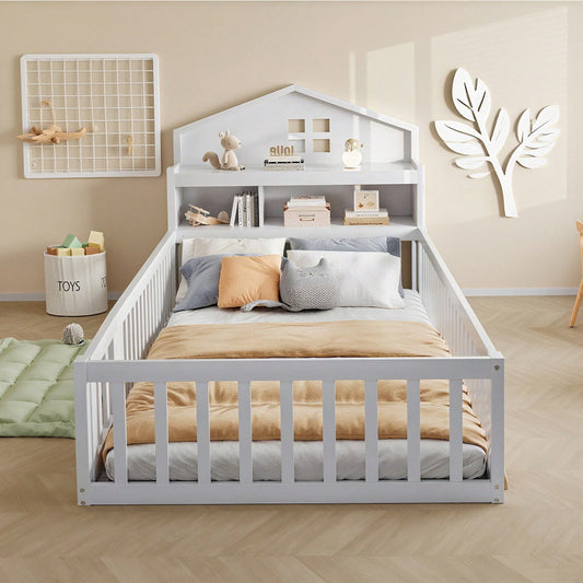 Kinderbett 90 x 200, Massivholz-Kinderbettrahmen, Hausleiste, mit Einlegeböden und Stauraum, mit Schutzgitter und Tür, mit Bilderleiste, mit Lattenrost, Weiß