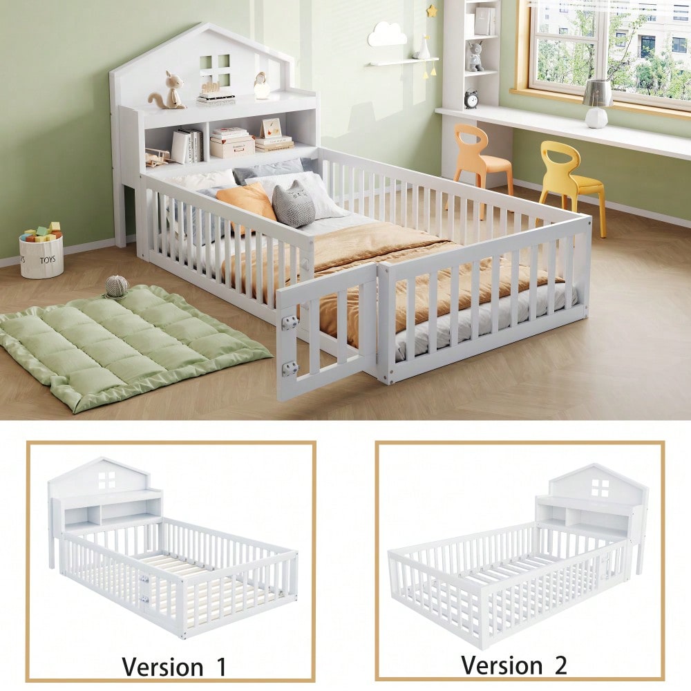 Kinderbett 90 x 200, Massivholz-Kinderbettrahmen, Hausleiste, mit Einlegeböden und Stauraum, mit Schutzgitter und Tür, mit Bilderleiste, mit Lattenrost, Weiß