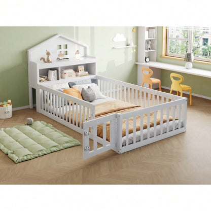 Kinderbett 90 x 200, Massivholz-Kinderbettrahmen, Hausleiste, mit Einlegeböden und Stauraum, mit Schutzgitter und Tür, mit Bilderleiste, mit Lattenrost, Weiß