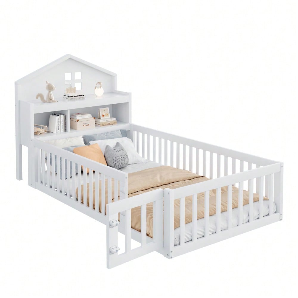 Kinderbett 90 x 200, Massivholz-Kinderbettrahmen, Hausleiste, mit Einlegeböden und Stauraum, mit Schutzgitter und Tür, mit Bilderleiste, mit Lattenrost, Weiß