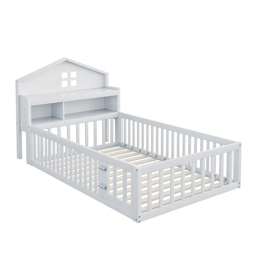 Kinderbett 90 x 200, Massivholz-Kinderbettrahmen, Hausleiste, mit Einlegeböden und Stauraum, mit Schutzgitter und Tür, mit Bilderleiste, mit Lattenrost, Weiß