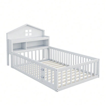 Kinderbett 90 x 200, Massivholz-Kinderbettrahmen, Hausleiste, mit Einlegeböden und Stauraum, mit Schutzgitter und Tür, mit Bilderleiste, mit Lattenrost, Weiß