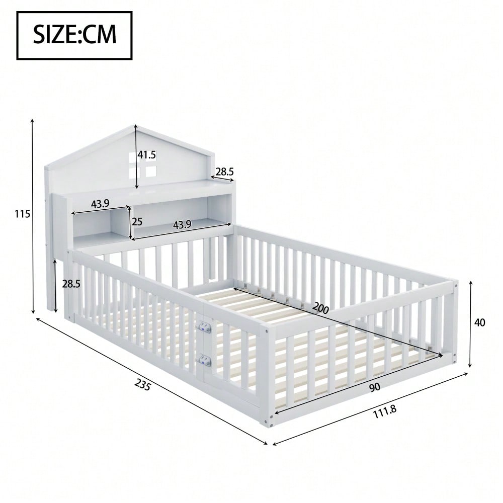 Kinderbett 90 x 200, Massivholz-Kinderbettrahmen, Hausleiste, mit Einlegeböden und Stauraum, mit Schutzgitter und Tür, mit Bilderleiste, mit Lattenrost, Weiß