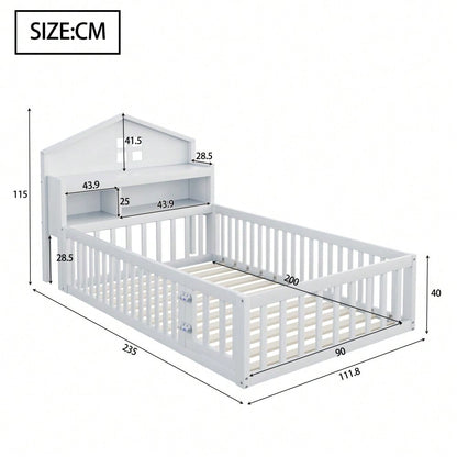 Kinderbett 90 x 200, Massivholz-Kinderbettrahmen, Hausleiste, mit Einlegeböden und Stauraum, mit Schutzgitter und Tür, mit Bilderleiste, mit Lattenrost, Weiß