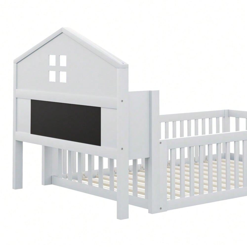 Kinderbett 90 x 200, Massivholz-Kinderbettrahmen, Hausleiste, mit Einlegeböden und Stauraum, mit Schutzgitter und Tür, mit Bilderleiste, mit Lattenrost, Weiß