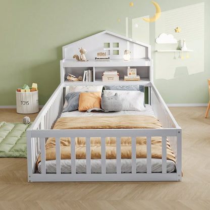 Kinderbett 90 x 200, Massivholz-Kinderbettrahmen, Hausleiste, mit Einlegeböden und Stauraum, mit Schutzgitter und Tür, mit Bilderleiste, mit Lattenrost, Weiß