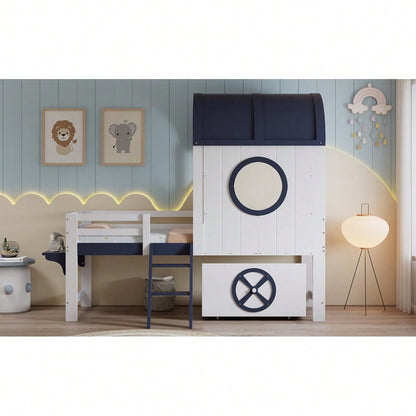 Etagenbett, Halbhohes Bett, Kinderbett mit Dach und Fenster, Untere Schublade mit Rollen, Praktische zweistufige Schrägleiter, Kiefer + MDF + Sperrholz, Weiß+Dunkelblau, 90x200cm