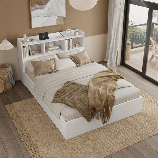 140*200 Holzbett, Doppelbett, mit Lattenrost und Kopfteil, mit 2 ausziehbaren Nachttischen, mit Ablagefächern, mit Handyladefunktion (TYPE C Schnittstelle und Wireless Charging), mit Schubladen,weiß