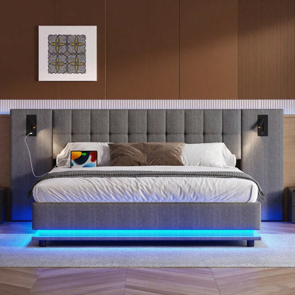 Polsterbett, 180*200cm, mit LED-Leiste, Kopfteil mit Spot, mit USB, ohne Matratze, Leinen, Grau