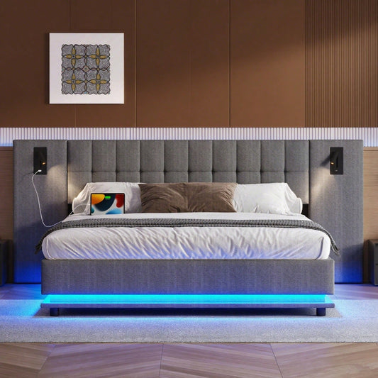 Polsterbett, 180*200cm, mit LED-Leiste, Kopfteil mit Spot, mit USB, ohne Matratze, Leinen, Grau
