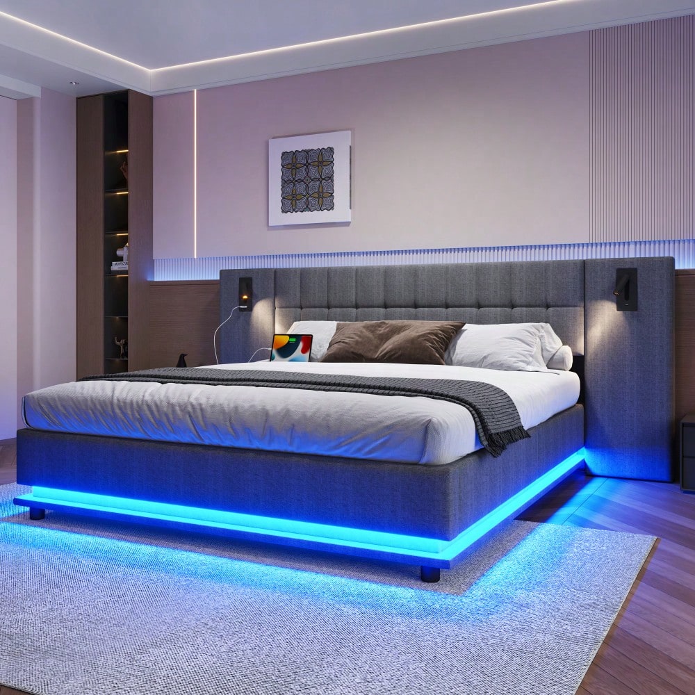 Polsterbett, 180*200cm, mit LED-Leiste, Kopfteil mit Spot, mit USB, ohne Matratze, Leinen, Grau