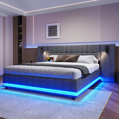 Polsterbett, 180*200cm, mit LED-Leiste, Kopfteil mit Spot, mit USB, ohne Matratze, Leinen, Grau
