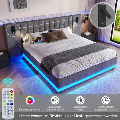 Polsterbett, 180*200cm, mit LED-Leiste, Kopfteil mit Spot, mit USB, ohne Matratze, Leinen, Grau