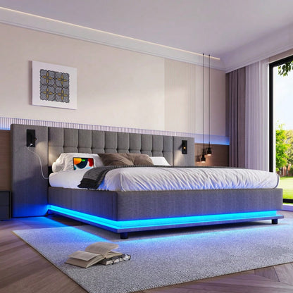 Polsterbett, 180*200cm, mit LED-Leiste, Kopfteil mit Spot, mit USB, ohne Matratze, Leinen, Grau