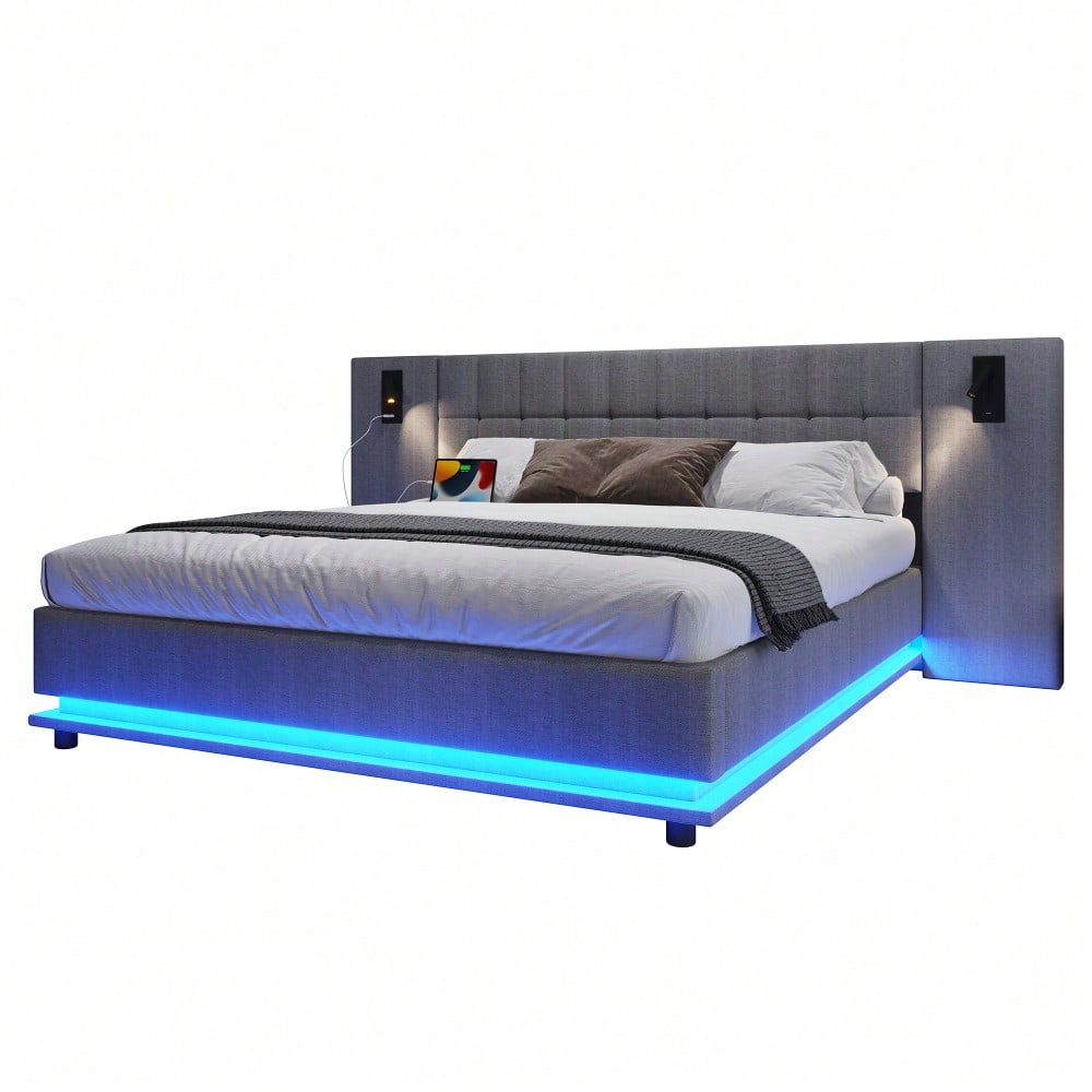 Polsterbett, 180*200cm, mit LED-Leiste, Kopfteil mit Spot, mit USB, ohne Matratze, Leinen, Grau