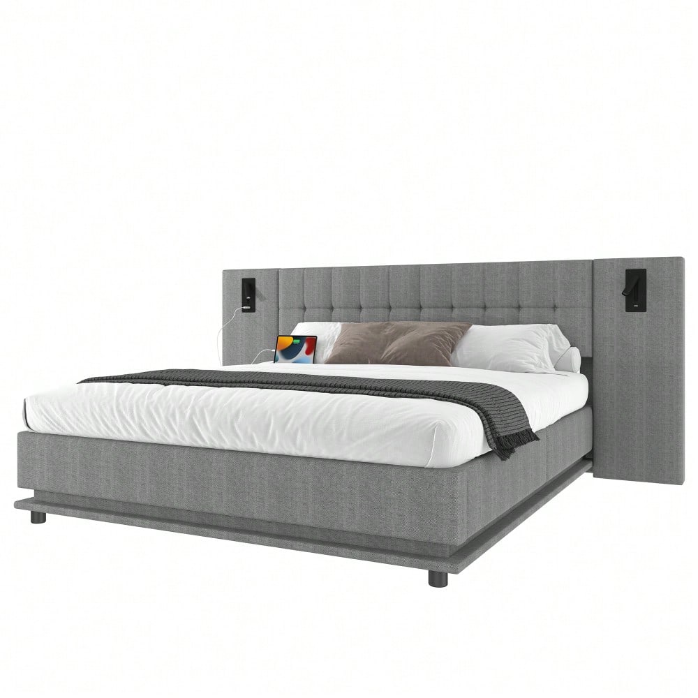 Polsterbett, 180*200cm, mit LED-Leiste, Kopfteil mit Spot, mit USB, ohne Matratze, Leinen, Grau