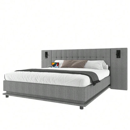 Polsterbett, 180*200cm, mit LED-Leiste, Kopfteil mit Spot, mit USB, ohne Matratze, Leinen, Grau