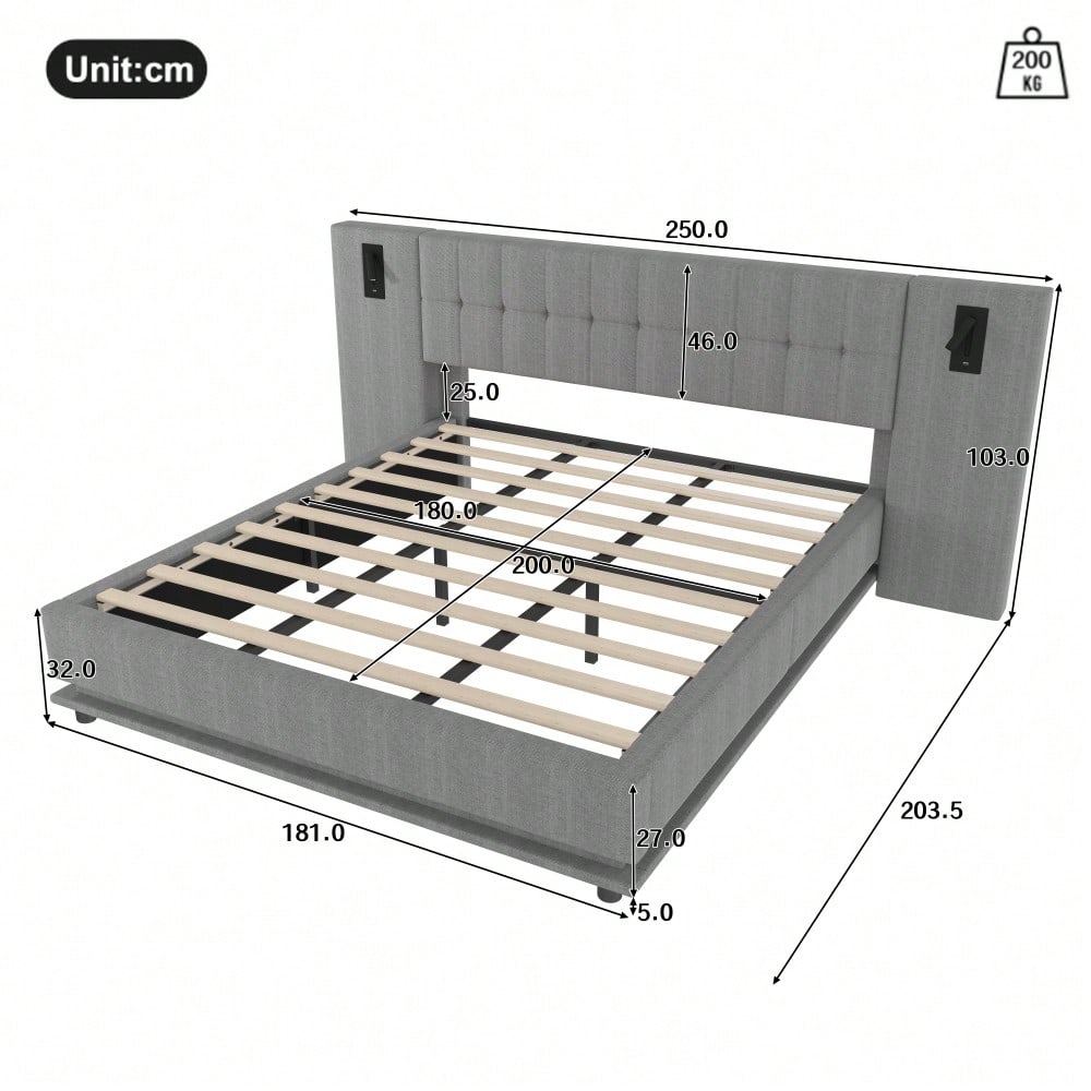 Polsterbett, 180*200cm, mit LED-Leiste, Kopfteil mit Spot, mit USB, ohne Matratze, Leinen, Grau