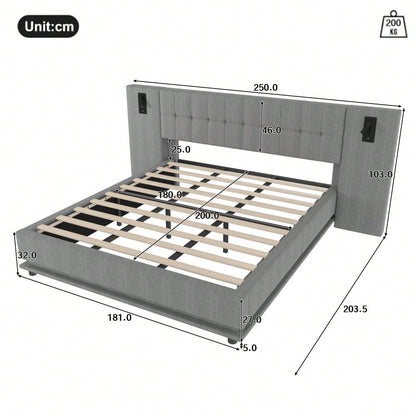 Polsterbett, 180*200cm, mit LED-Leiste, Kopfteil mit Spot, mit USB, ohne Matratze, Leinen, Grau