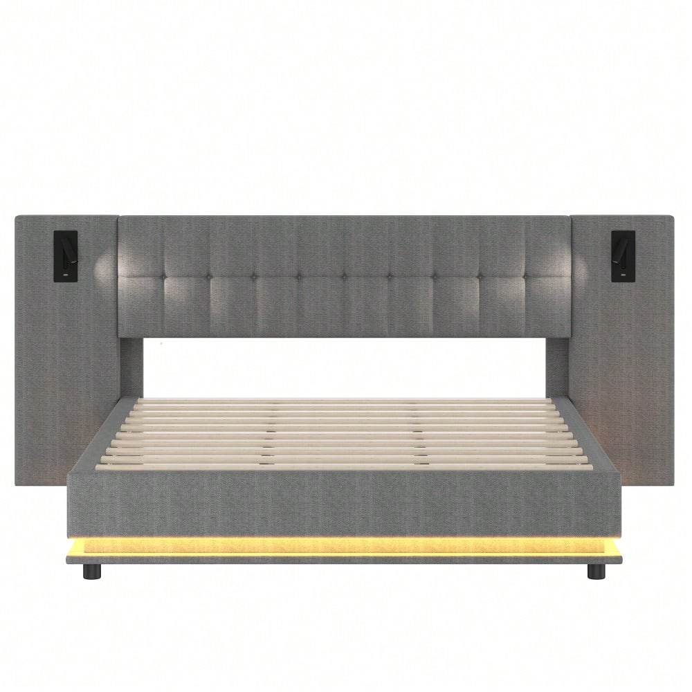 Polsterbett, 180*200cm, mit LED-Leiste, Kopfteil mit Spot, mit USB, ohne Matratze, Leinen, Grau
